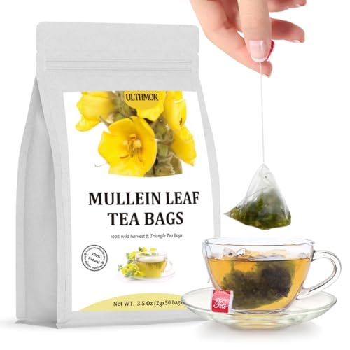 Premium 50 Mullein Leaf Tea Bags. Made with 100% Pure Mullein Leaves, for Lungs Cleanse and Respiratory Support, No Flavoring & No Additives & Caffeine Free.