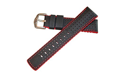 Hirsch Performance Robby Sailcloth Style 20mm Leather and Rubber Watch Band Black / Red