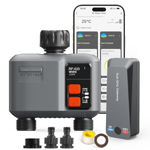 johgee 2 Way WiFi Irrigation Timer with RF 300M Technology, WiFi Irrigation Control, Compatible with Alexa & App, Watering Timer with 2 Modes & Rain Delay for Garden, Lawn