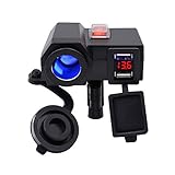 BlueFire Waterproof 5V/2.1A Dual USB Charger Socket Motorcycle Handlebar Clamp Power Adapter Charger USB Charging System with Cigarette Lighter Socket and Voltmeter for Phones/Tablets/GPS