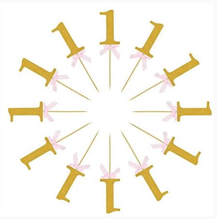 20 Pack Glitter Gold and Pink Ribbon Bow-knot 1st Birthday Anniversary Event Party Cake Cupcake Decoration Toppers