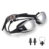 Swim Goggles with Attached Earplugs, Nose Clip included,Free protective Case,Back,No Leak, Anti-Fog Lens Swimming Goggles Comfortable Fit for Men and Women,Adults,Youth,Kids