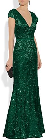 Mitchell SZ Women's V Neck Sequined Long Evening Dresses Formal Gowns Dark Green Size 6