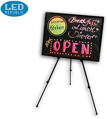 Writing Message LED Board with a Frame Sidewalk Tripod Stand, 23” x 16” Illuminated Erasable Neon Effect with 7 colors Markers (7 Fluorescent Pens) for Bar Restaurant Menu Sign Wedding Promotions