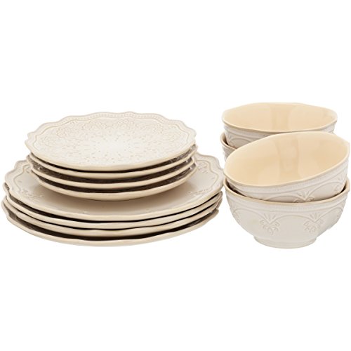 The Pioneer Woman Farmhouse Lace Dinnerware Set, 12Piece Linen The