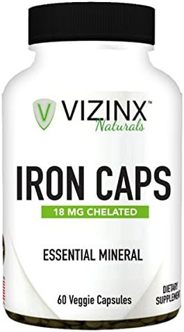 VIZINX IRON CAPS 18 mg 60 Veggie Caps- Choice form of organic chelated iron (Ferrous Fumarate) tends to cause fewer symptoms of intestinal upset and is considered to be a non constipating form of iron