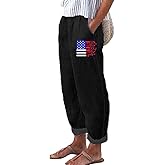 domirica Women's Summer Boho Pant Casual Floral Print Cotton Linen Baggy Pants with Elastic Waist Relax Loose Fit Trouser