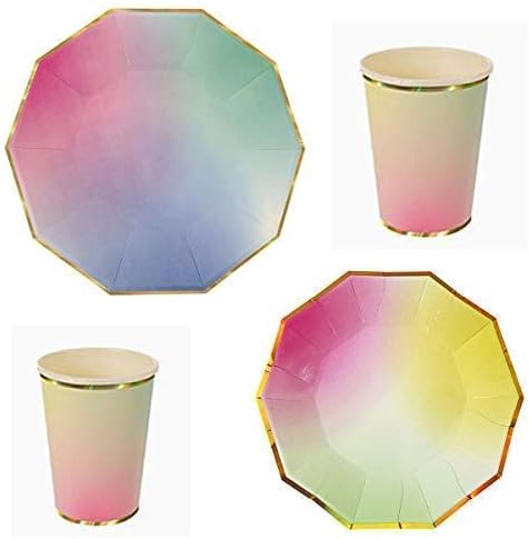 Polka Dot Sky Multi Coloured Unicorn Style Birthday Party Tableware Pack Paper Plates Cups Napkins Gold Foil Edge Vibrant Colours 8 Pack (24pcs)