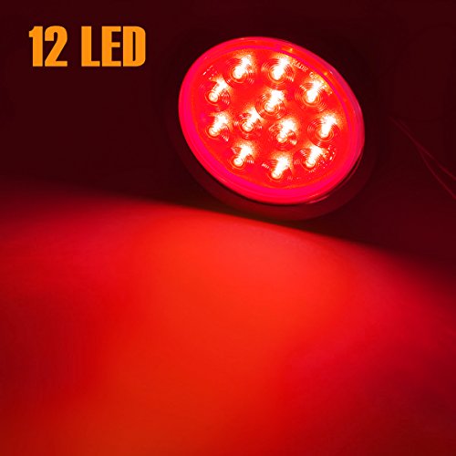 AMBOTHER 4'' Round 12-LED Truck Trailer Brake Stop Turn Marker Tail Light Flush Mount Back-Up Low Profile Light, Waterproof Tight Sealed Grommet Plug for RV Boat Truck Trailer Red DC 12V (Pack of 4)