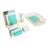 Blu Monaco Office Supplies Gold Desk Accessories for Women - 5 Piece Wire Gold Desk Organizer Set - Letter Sorter, Paper Tray, Pen Cup, Magazine File - Stationery Decor