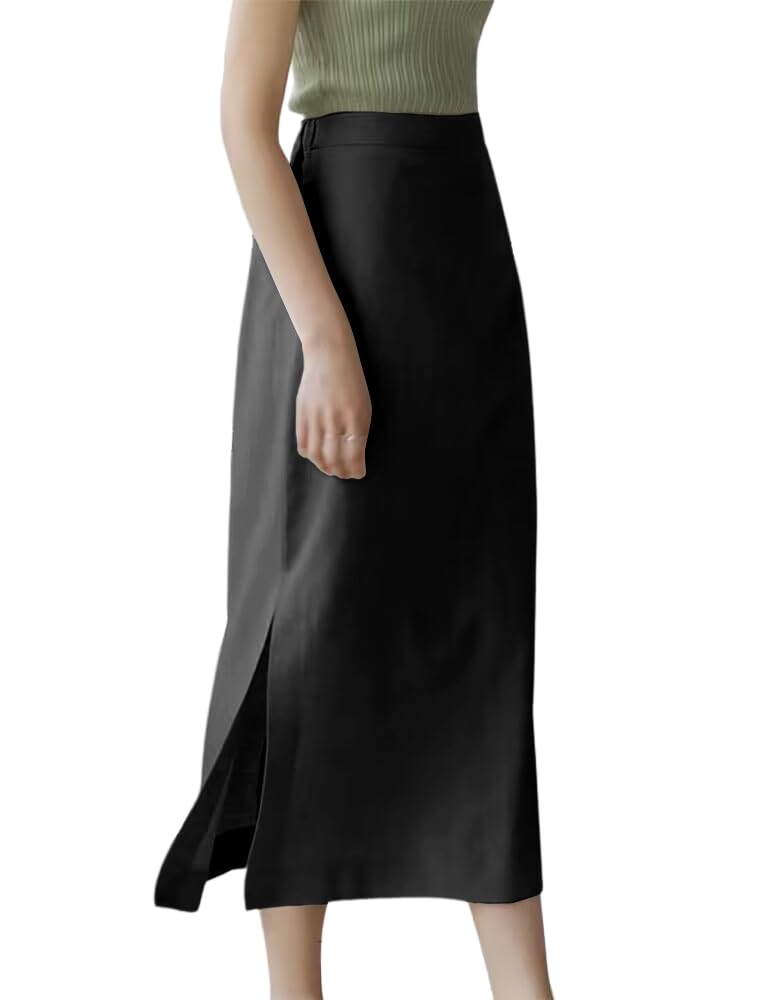 Photo 1 of Ylingjun Black Linen Skirt for Women High Elastic Waisted Straight Long Linen Skirt with Slit (Black, XS)