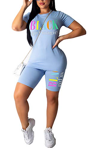 Women's Casual Letter Print Two Piece Outfits Short Sleeve Bodycon Shorts Set Jogging Suit Summer Plus Size