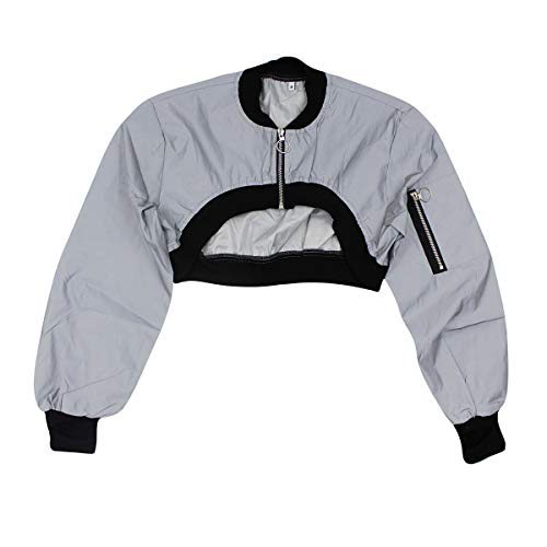 Women Sexy Long Sleeve Zipper Bomber Jacket Gray Reflective Crop Top Coat Short Coat Festival Party Rave Outfit - Thumbnail 6