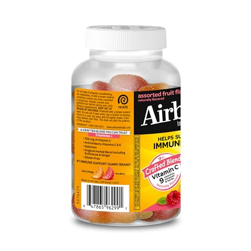 AIRBORNE 750MG VITAMIN C GUMMIES FOR ADULTS, IMMUNE SUPPORT GUMMIES WITH POWERFUL ANTIOXIDANTS VIT C & E, CAFFEINE FREE – 2X63CT BOTTLE (42 SERVINGS), ASSORTED FRUIT FLAVOR