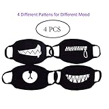 C.A.Z 4 PCS 100% Cotton Face Mask Emoticon Mouth-Muffle Kaomoji Anti-Dust Cute Kawaii Mouth Mask Black for Women and Men