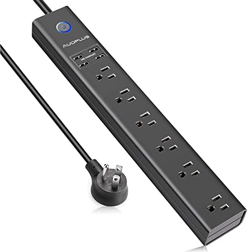 15 Ft Power Strip Surge Protector, 6 Outlets and 4 USB Ports, Flat Plug Power Strips Long Extension Cord with Overload Protection, Wall Mount for Home, Office, Dorm, ETL Listed Black