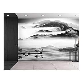 Black and White Bridge Over a Lake with a Foggy Mountain View - Wall Mural, Removable Sticker, Home Decor - 66x96 inches