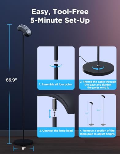Candeeiro de pé LED Torchiere, candeeiro RGBWWIC com controlo de 3 zonas, compatível com Matter Alexa, 77 cenas e sincronização musical, candeeiro preto de 170 cm para sala, quarto e teto