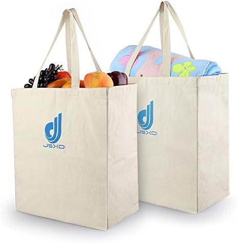 JSXD Large Reusable Canvas Washable Grocery Tote Bags,15.7"x13.8"x7.9", Foldable Shopping Bags eco-friendly (Set of 2, Natural)