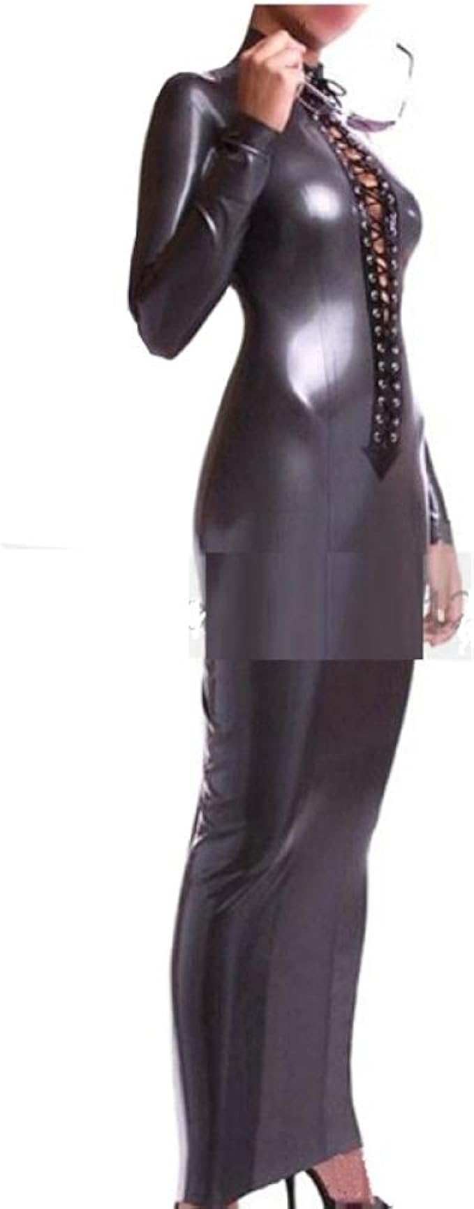 EMOTTOS Mini-Robe Latex Dentelle Femme - Robe Moulante Transparente Maille Manches Longues - Noir S-L