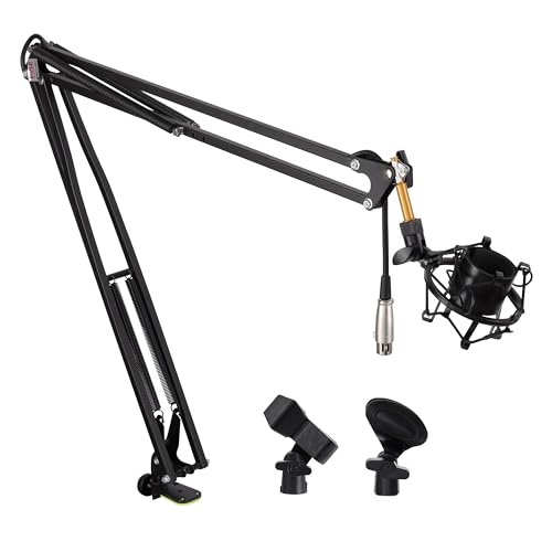 Pyle Mic Arm Microphone Stand Desk Mount – Adjustable Boom with Shock Mount, Triple Extension, Steel Frame Desktop Scissor Arm for Streaming, Gaming, Podcasting, Voice-over & Broadcast Use