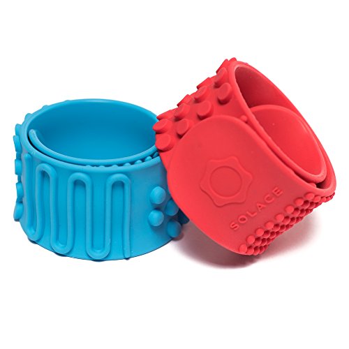 Sensory Slap Fidget Bracelet Bands - 2-Pack - Quiet Tactile Stimulation For Autism and Special Needs Kids - Bump Textures Helps Girls & Boys with Stimming Fidgeting and Focus - by Solace (Red & Blue)