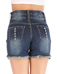 Haola pantalones cortos de mezclilla con agujeros desgarrados para dama con dobladillo doblado y cintura alta