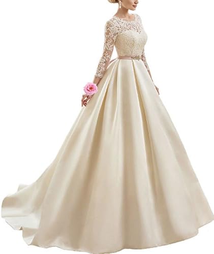 Alinafeng Dress V Back A line Satin Lace 2016 Newest Wedding Dress with Long Sleeves (10,Ivory)