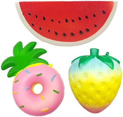 Kayoon Pack of 3 Jumbo Slow Rising Squishies Watermelon Rainbow Strawberry Pineapple Donut Kawaii Scented Fruit Squishies Stress Relief Charms Toy Decorative Large Props