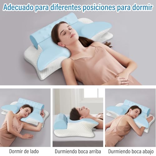 lemonsea Almohada Memory Foam, Almohada Cervical 2 en 1 para Aliviar el Dolor de Cuello, Almohada Ortopédica Ergonómica para Boca Arriba y Boca Abajo, con Funda Almohada (Azul)