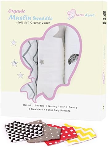 Little Aseel 3-Set Organic Muslin Swaddle Blankets with Bandana and PDF, Large