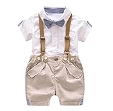 Singleluci Kids Baby Boys Gentleman Summer Bowtie Short Sleeve Shirt+Suspenders Shorts Set (White, 12-24 Months)