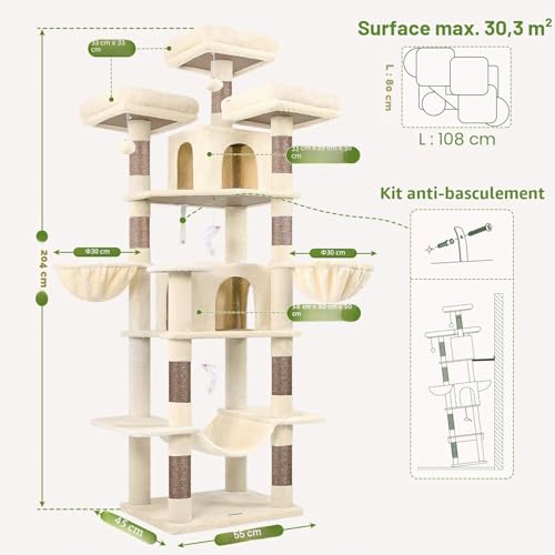 Globlazer Large Beige Cat Tree XXL Height 204 cm with 3 Padded Perches, 2 Kennels, 2 Baskets, Hammock, Stable Cat Tower for 3-5 Adult Cats Rest Play Scratching (F80, Beige)