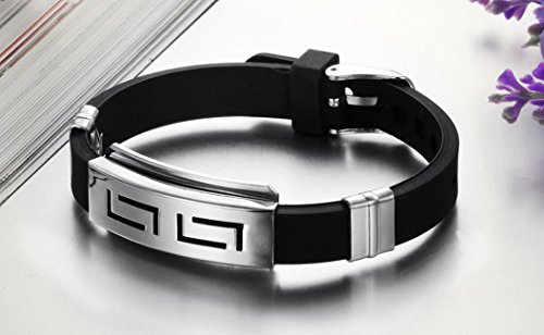 MOWOM Silver Tone Black Stainless Steel Rubber Bracelet Bangle Cuff Greek Adjustable - Thumbnail 3