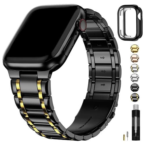 Fullmosa Bands Compatible with Apple Watch Band 45mm 44mm 42mm 46mm 49mm 41mm 40mm 38mm,Stainless Steel iWatch Band with Case for Apple Watch Series 11 10 9 8 7 6 5 4 3 2 1 SE3/2/1 Ultra3/2/1, 42mm 44mm 45mm, Black and Gold