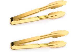 2-Pack 9 Inch Gold Serving Tongs Barbecue Food Tongs Buffet Tongs Non-slip & Easy Grip Stainless Steel Gold Kitchen Cooking T