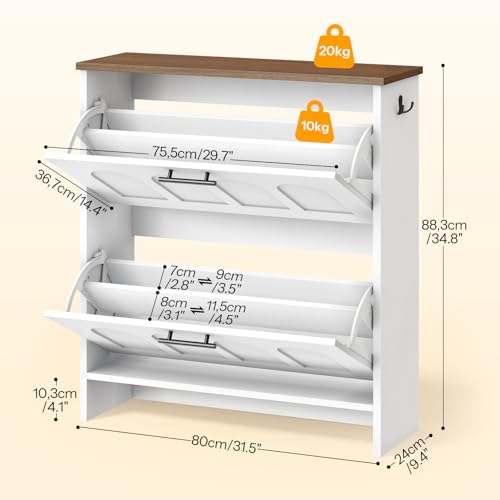 HOOBRO Flip Shoe Cabinet, Narrow Storage with Arch-Patterned Doors, Adjustable Shelves, Entryway Organizer for Hallway, Small Spaces, White and Walnut WH42SC01