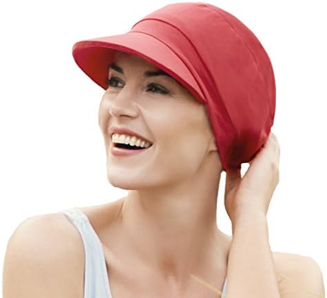 Cotton sun cap with peak and drapery with UPF 50+ solar protection, red colour