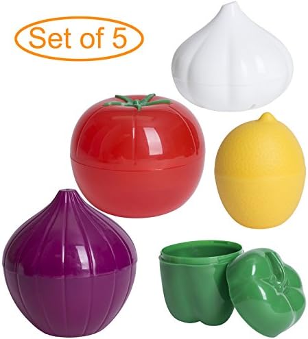 Vegetable Shaped Protectors, 5pc Set - Onion, Pepper, Garlic, Lemon, Tomato - Reusable Hard Plastic Storage Container Shell with Tight Seal and Ventilation Holes - by Perfection Plus