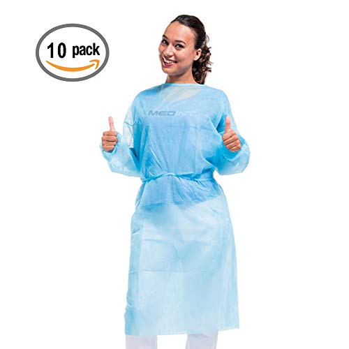 Medint Disposable Blue Isolation Gown - First Aid, Medical, Dental Duty Gowns - Fluid Resistant Clothing for Doctors, Nurse, Adults, Men, Women - No Latex Lab and Hospital Supplies - Large, Pack of 10