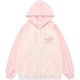 AISYBB Women's Harajuku pink star patch sweater Y2K Hoodie girls' sweet cool loose zip coat