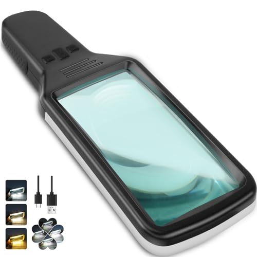 Magnifying Glass with Light Optical Glass, 15X Reading Magnifier with Light for Seniors Large, Type-C Charging, 3 Color Modes, Handheld Magnifier, Dimmable Illuminated Magnifier, Reading Aid for Books