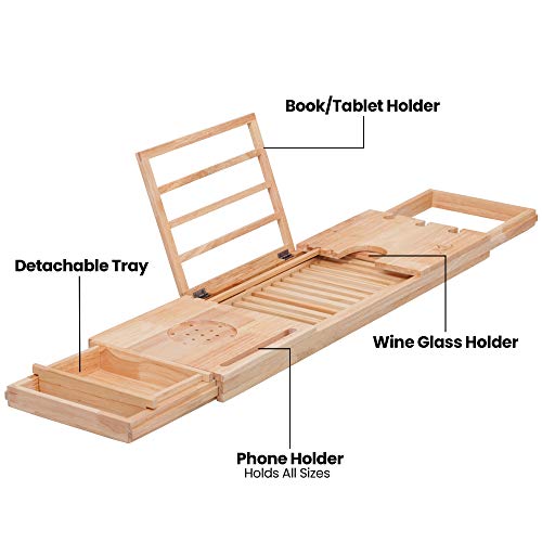 MOMONI Premium Luxury Wood Bathtub Caddy Tray with Expandable Side Holders Non Slip Bathtub Bed and Bath Table Tray with Book, Tablet, Cellphone Holder Him and Her Gift Idea