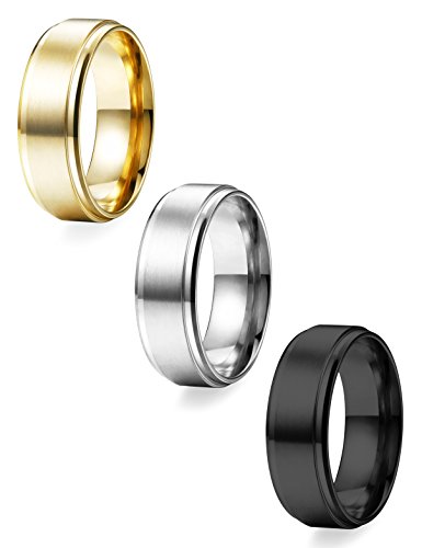 LOYALLOOK 3pcs Mens Womens Stainless Steel Black Wedding Band Ring 8mm Matte Finish Grooved Polished Edge Comfort Fit Size 10