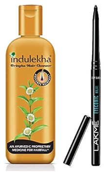 Indulekha Bringha Anti Hair Fall Shampoo, 200ml & Lakme Eyeconic Kajal, Deep Black, 0.35g