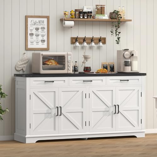 FIONESO 55”W Buffet Cabinet with 3 Large Drawers & 2 Adjustable Shelves, Farmhouse Sideboard Cabinet, Coffee Bar, TV Stand, for Kitchen,Living Room, White,40×140×80CM