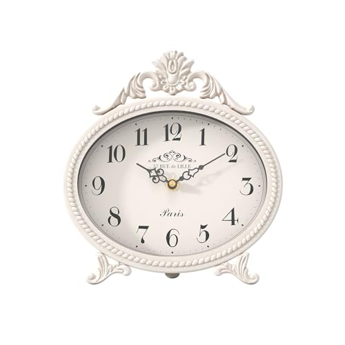 Abdurey Vintage Table Clock on Stand,Desk and Shelf Decorative Clock,French Rustic Style Mantel Clocks,Metal Frame Antique White Finish,Farmhouse,Bedroom, Bedside,Living Room,Gift Clocks