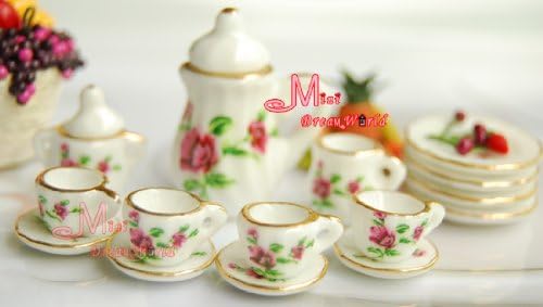 Lot of 15 Porcelain Green Rose Dollhouse Miniature Tea Cup Set DC47