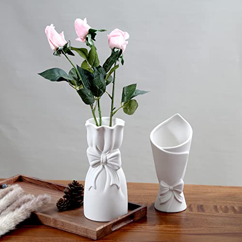 White Ceramic Vase Set of 2, ViViTOP Small White Vase in Bulk for Flower, Boho Vase Centerpiece for Table, Mini Pampass Grass Decor Unique Vase Fit for Wedding Decorations Room Office Home Decor