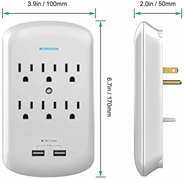 Multi Wall Outlets, 6 Wall-Mount AC Outlets Surge Protector with 2 USB Charging Ports Adapter Plug,ETL Certified White USB for Any Phone